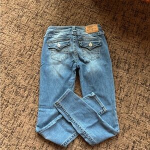 True Religion vintage super skinny low rise Jean with flap pocket
